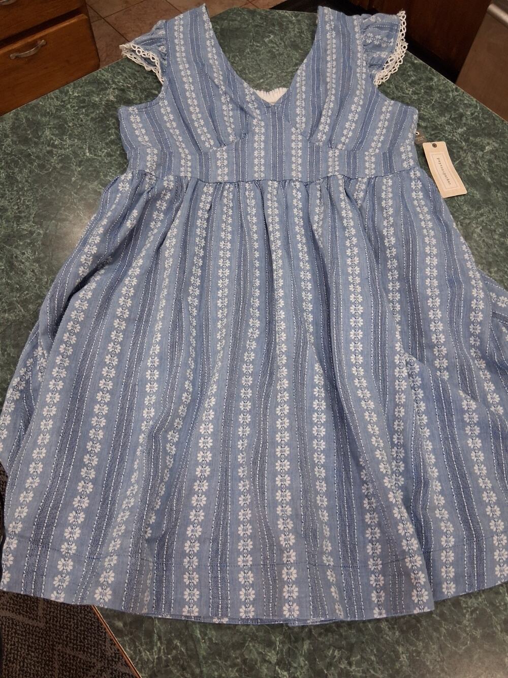 NWT Peyton & Parker L Blue White Cotton Flutter Sleeve Dress Cottagecore Romance